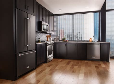 black stainless steel kitchen with multi-color cabinets|black stainless steel color schemes.